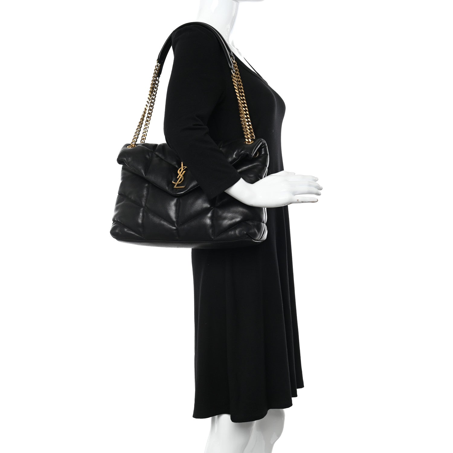 Saint Laurent Lambskin Quilted Medium Loulou Puffer Monogram Chain Satchel Black 2 of 12