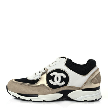 Chanel Mesh Suede Calfskin Womens CC Sneakers 35.5 White Black Beige Gold 1 of 9
