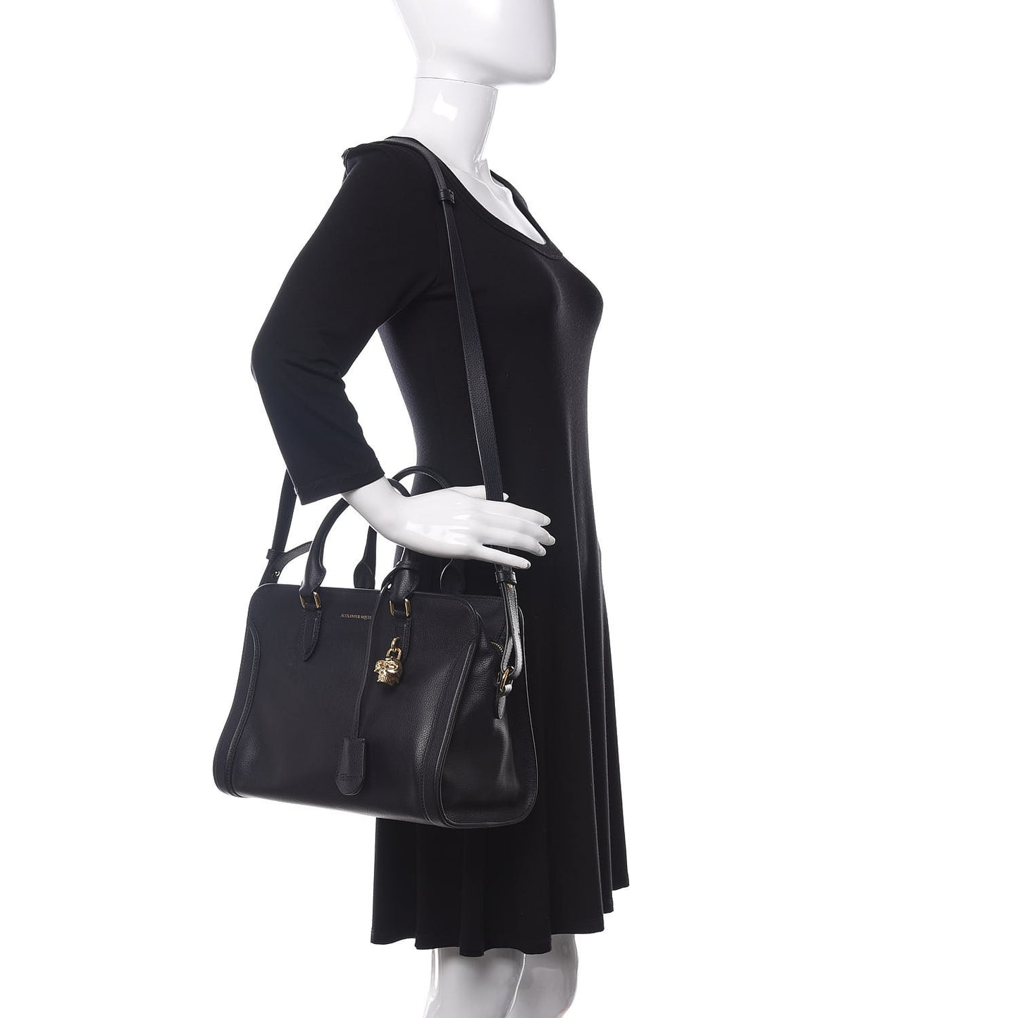 Pebbled Calfskin Small Skull Padlock Zip Around Tote Black