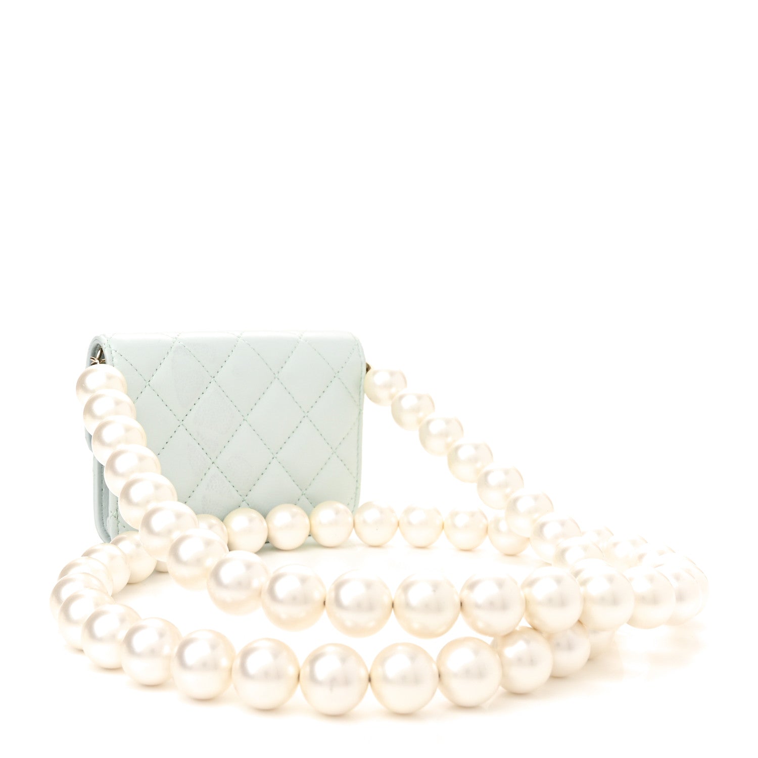 Chanel Calfskin Quilted Maxi Pearls Card Holder Flap With Chain Light Blue 3 of 11