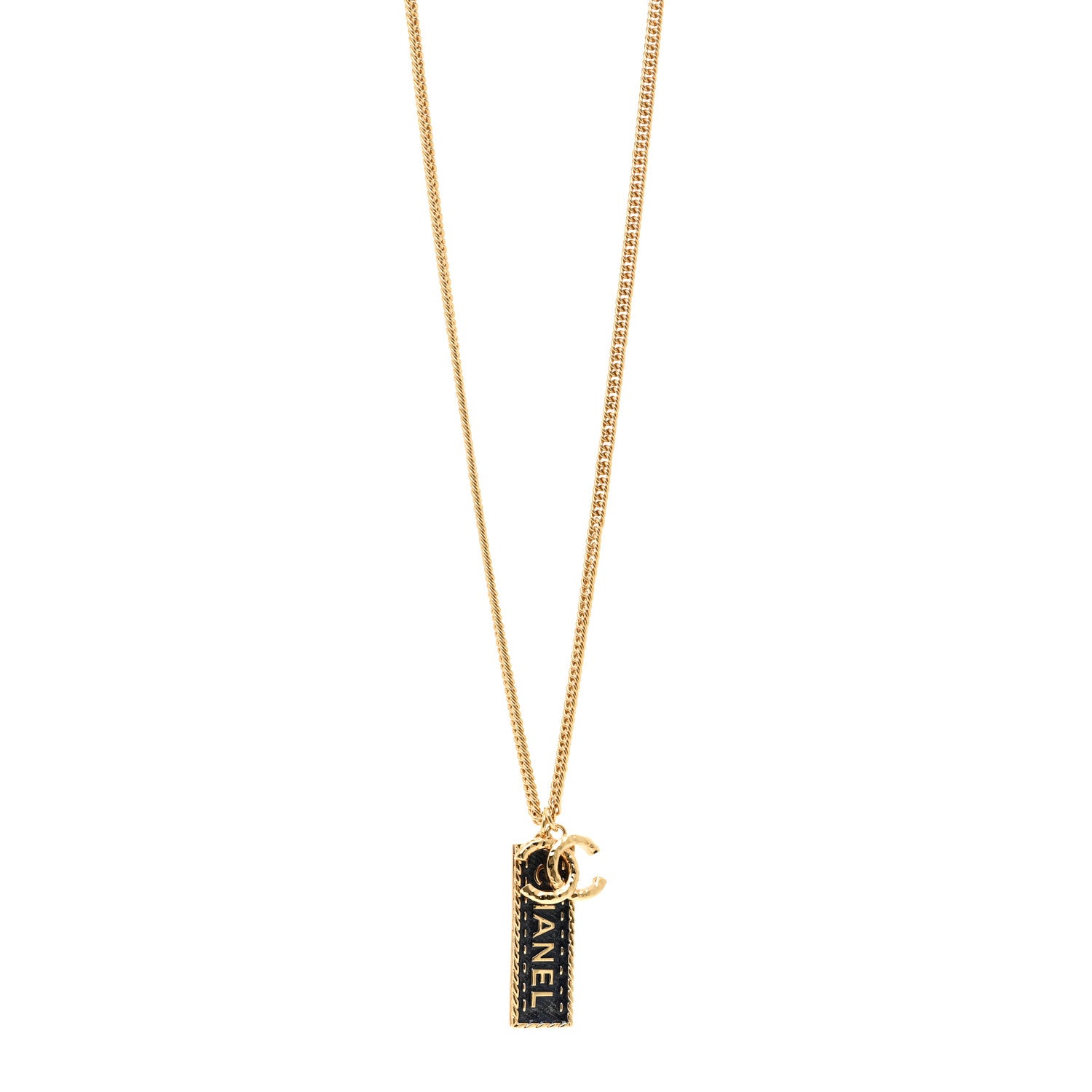 Chanel Metal Enamel Denim CC Logo Necklace Gold Blue 1 of 6