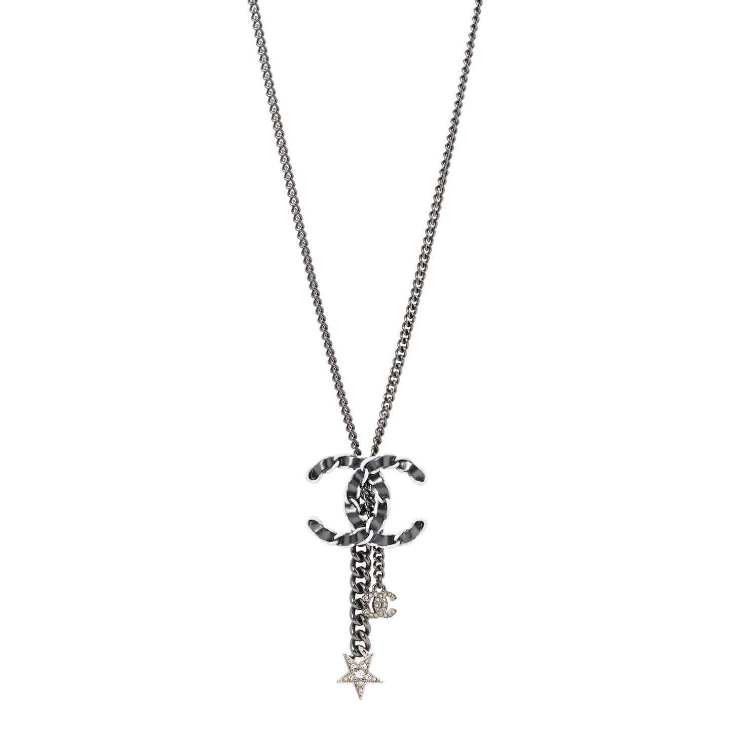 Lambskin Crystal Star CC Necklace Black Silver