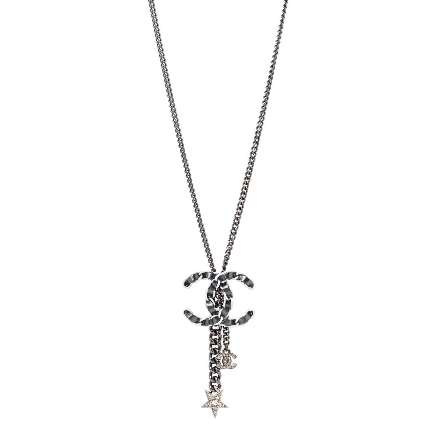 Chanel Lambskin Crystal Star CC Necklace Black Silver 1 of 6