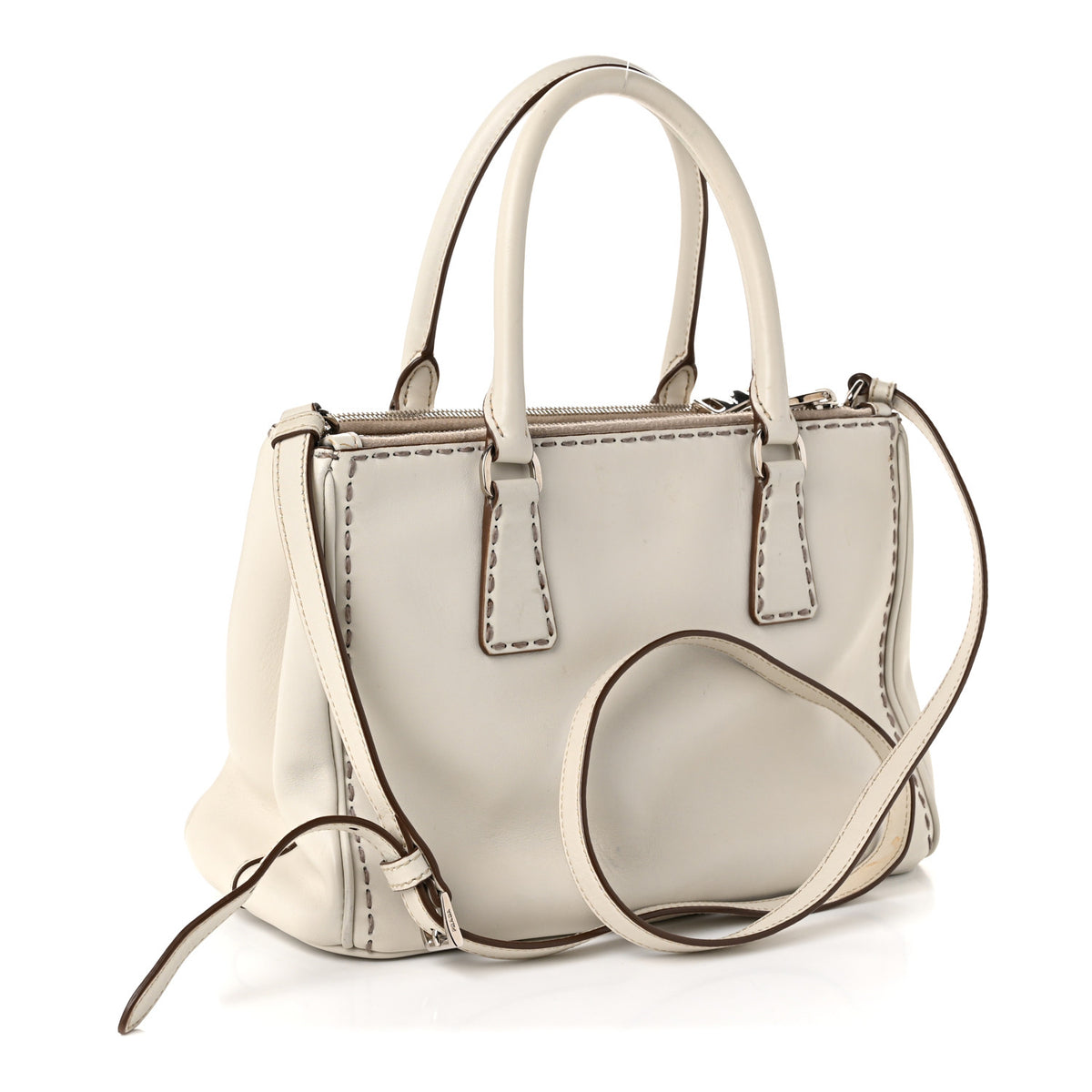 Prada City Calf Mini Hand Stitched Galleria Double Zip Tote White 3 of 12