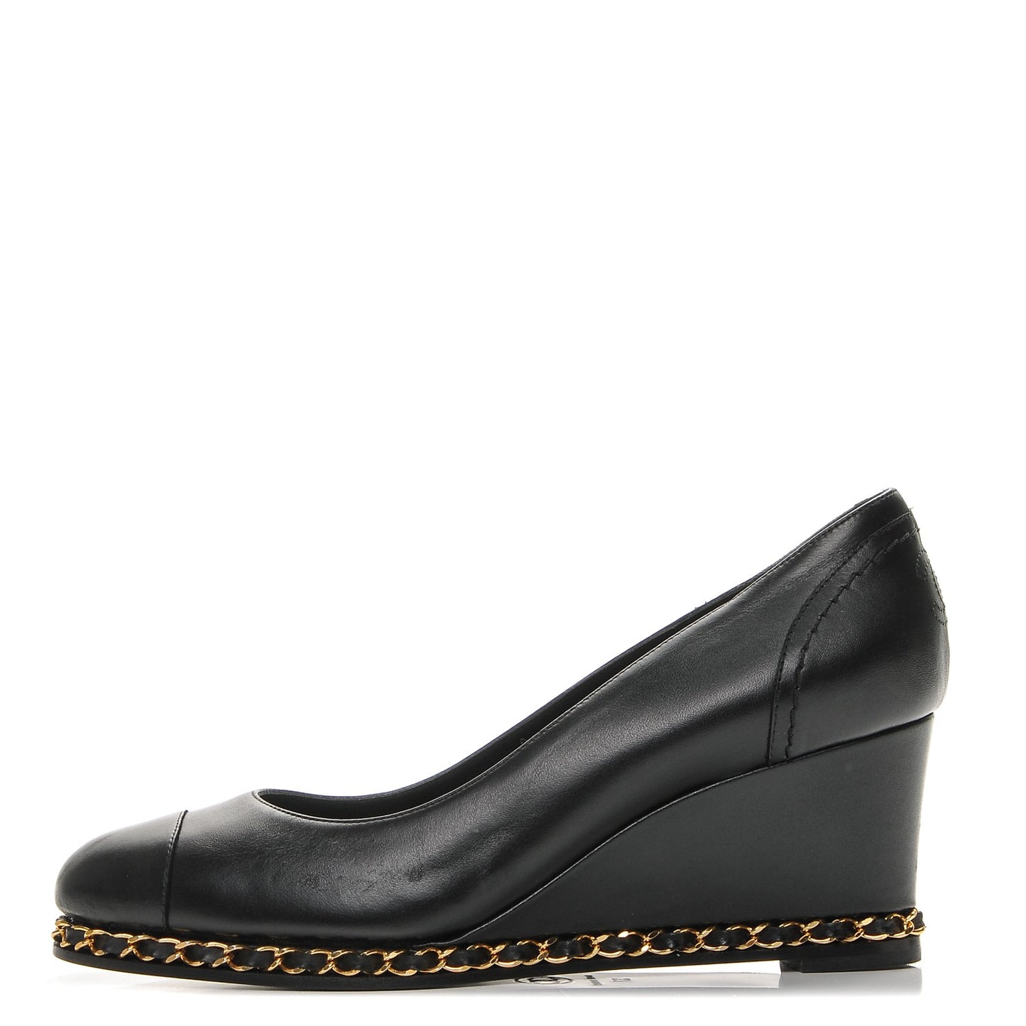 Calfskin Cap Toe Chain Wedge Pumps 37 Black