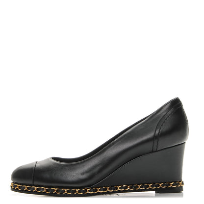 Chanel Calfskin Cap Toe Chain Wedge Pumps 37 Black 1 of 8