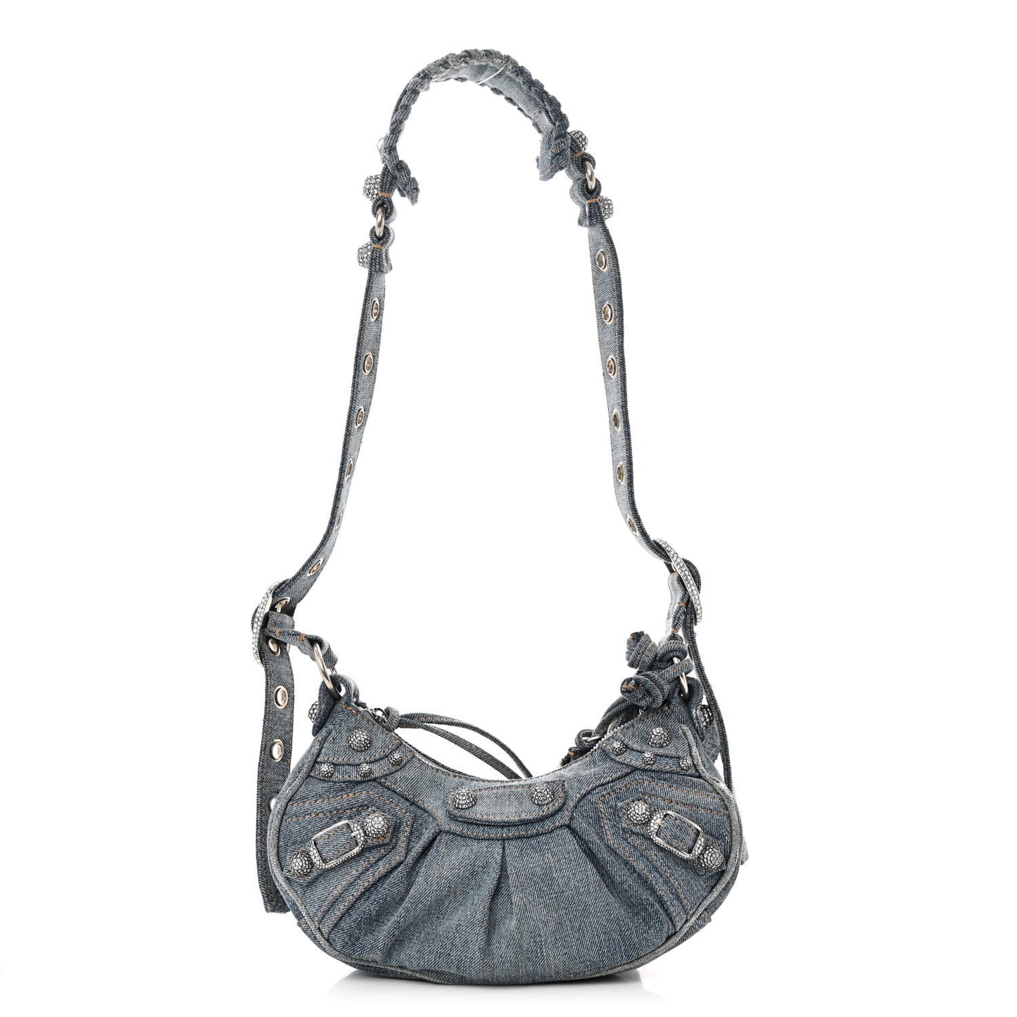 Washed Frayed Denim Crystal Le Cagole Shoulder Bag XS Blue