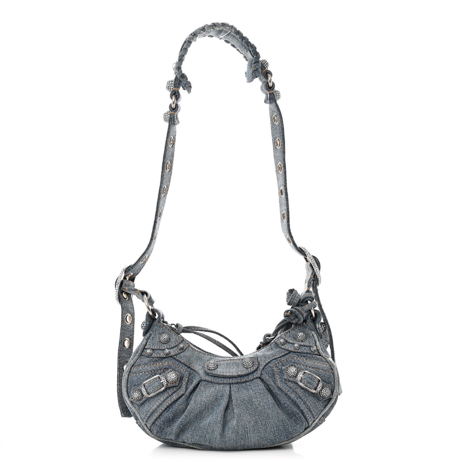 Balenciaga Washed Frayed Denim Crystal Le Cagole Shoulder Bag XS Blue 1 of 11