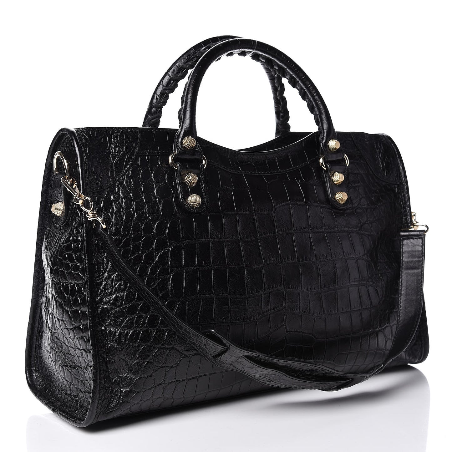 Calfskin Crocodile Embossed Giant 12 Gold Hardware City Black
