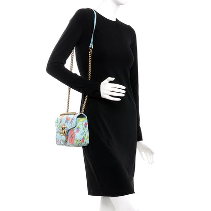 Gucci X UNSKILLED WORKER Calfskin Matelasse Flora Painted Small GG Marmont Shoulder Bag Cloudy Blue Multicolor 2 of 7