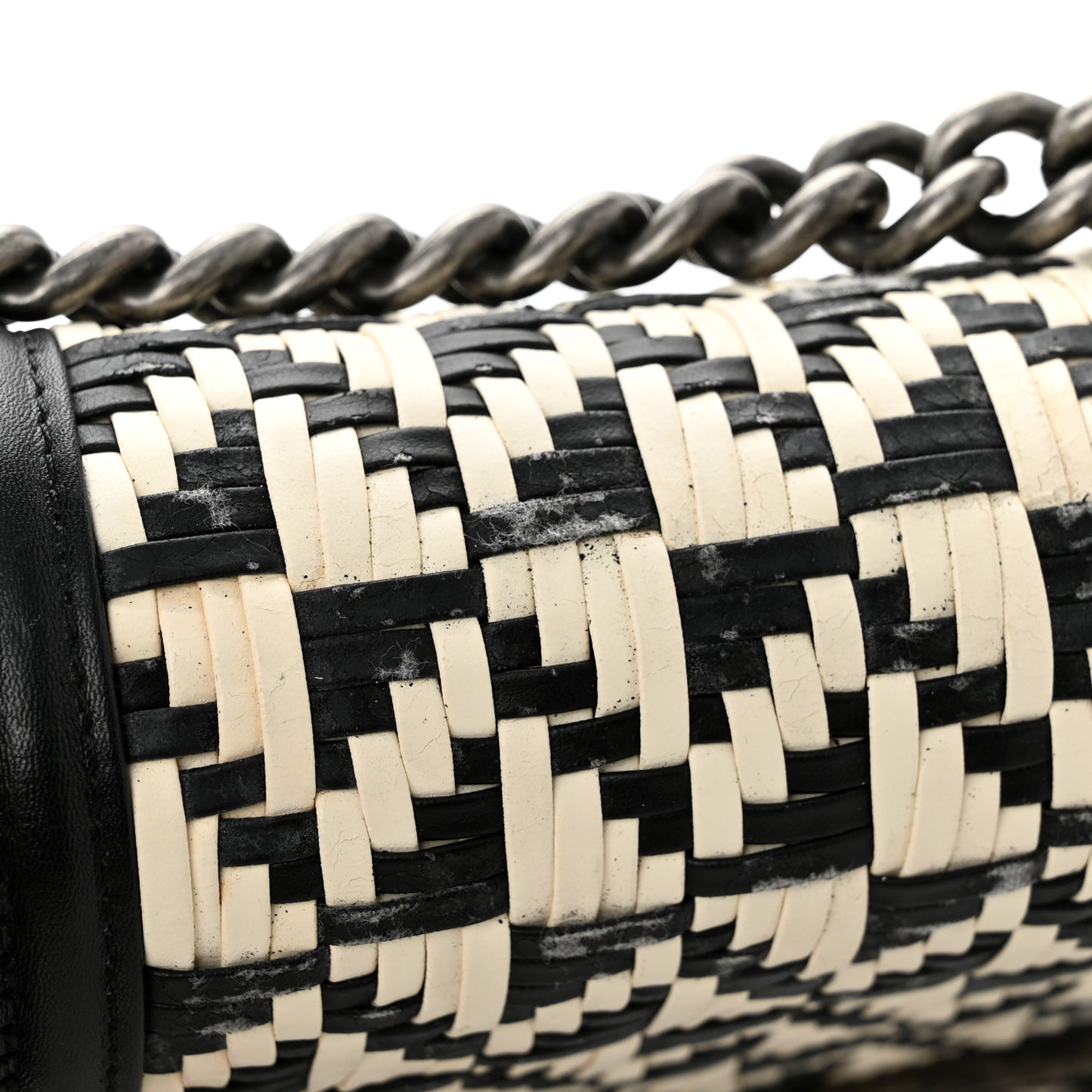 Calfskin Woven Medium Boy Flap Black White