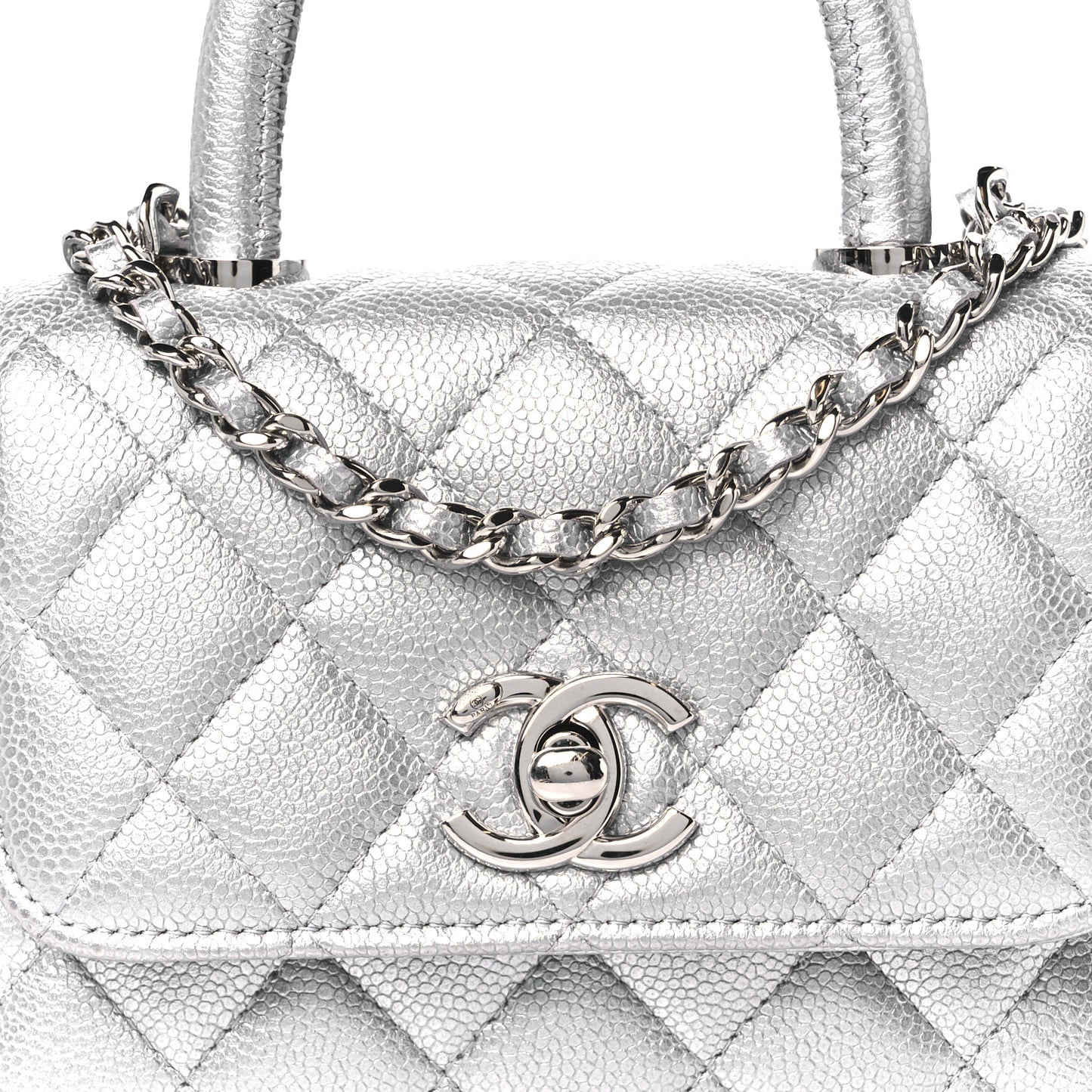 Metallic Caviar Quilted Coco Handle Clutch With Chain Silver