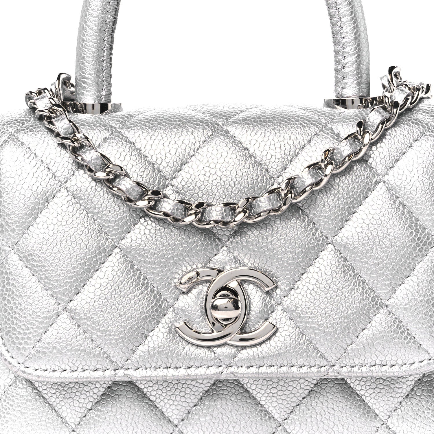 Chanel Metallic Caviar Quilted Coco Handle Clutch With Chain Silver 9 of 11