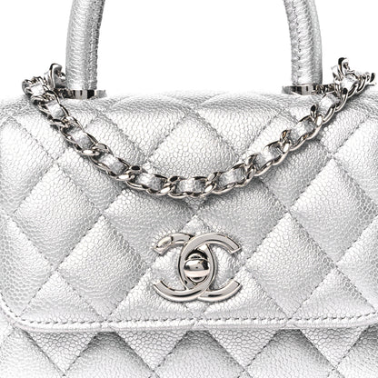 Chanel Metallic Caviar Quilted Coco Handle Clutch With Chain Silver 9 of 11