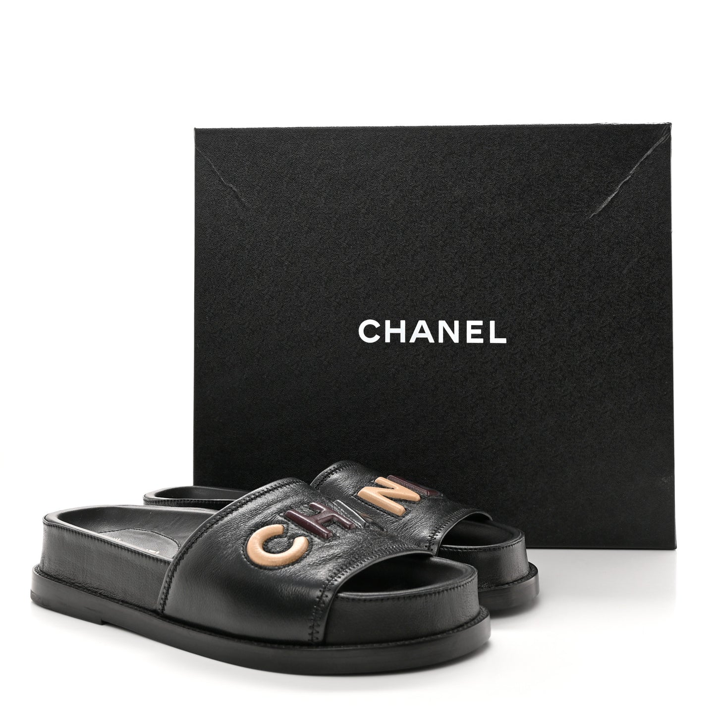 Lambskin Cha-Nel Mule Sandals 37 Black Multicolor