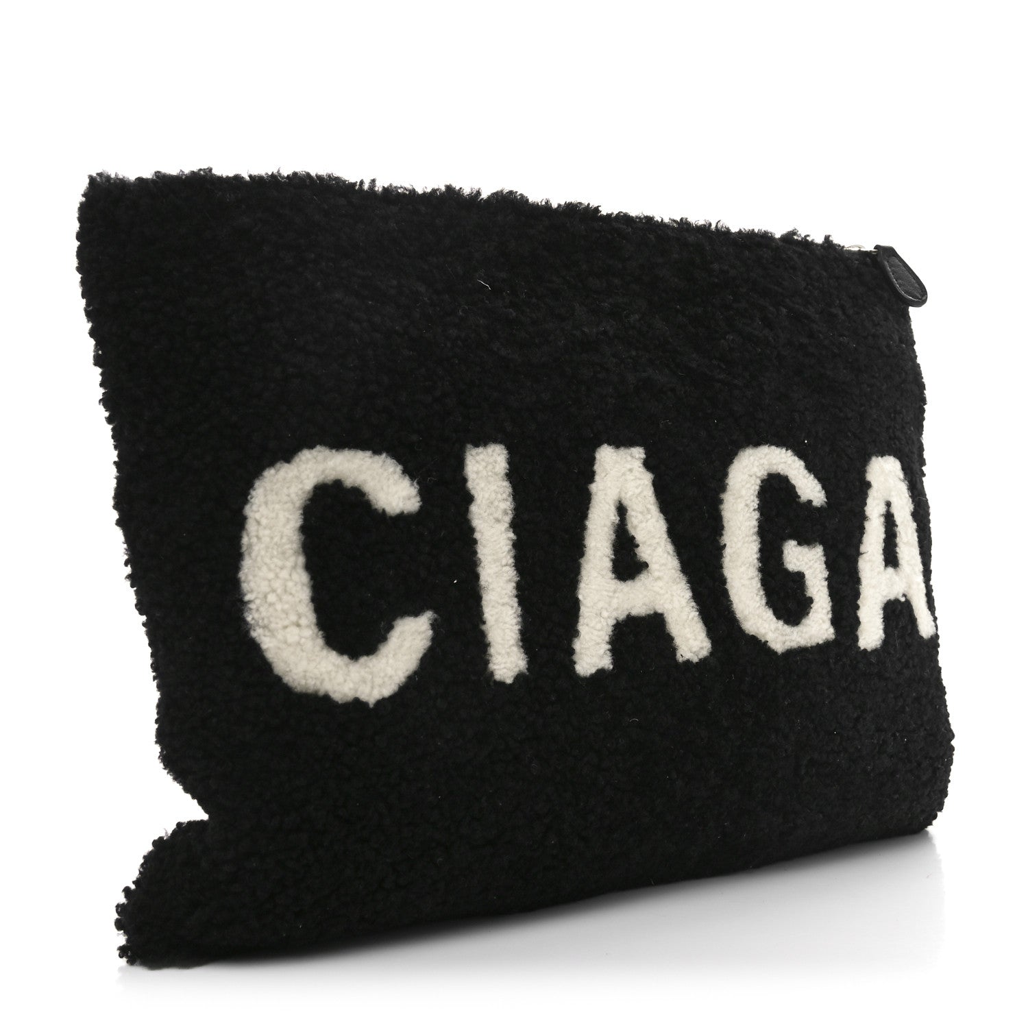 Balenciaga Sheepskin Shearling Contrasted Logo Large Zip Pouch Black 3 of 10