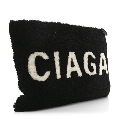Balenciaga Sheepskin Shearling Contrasted Logo Large Zip Pouch Black 3 of 10