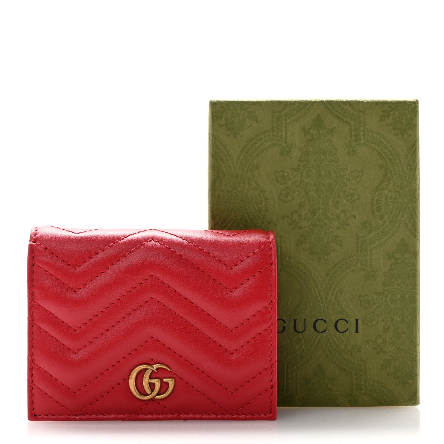 Gucci Calfskin Matelasse GG Marmont Card Case Wallet Hibiscus Red 8 of 8