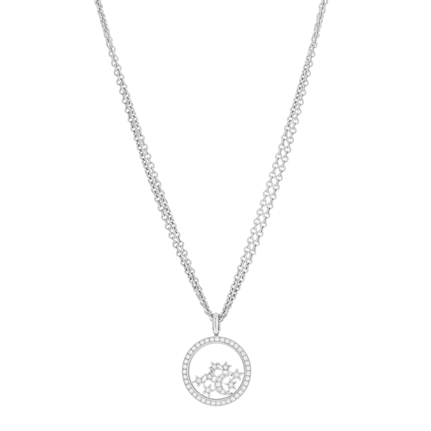 18K White Gold Diamond Happy Diamond Moon Stars Double Chain Pendant Necklace