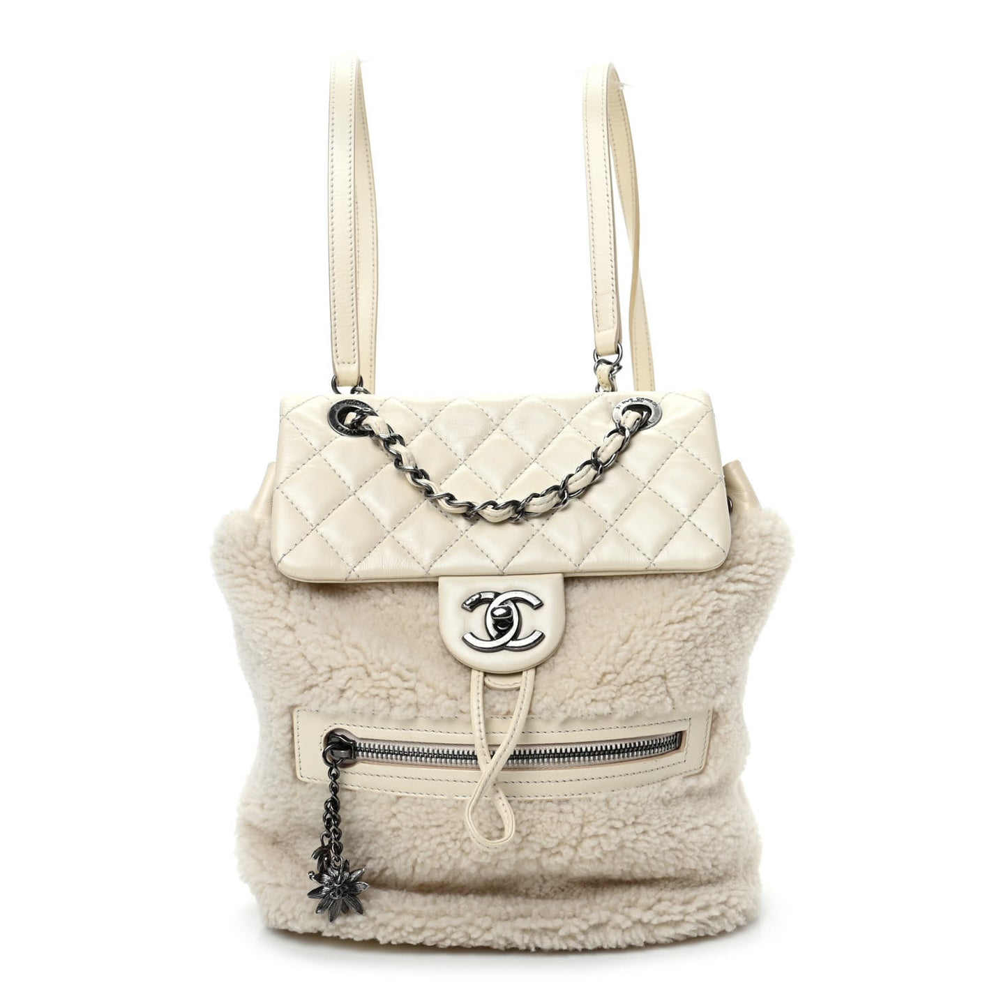 Glazed Calfskin Shearling Quilted Small Mountain Backpack Ivory