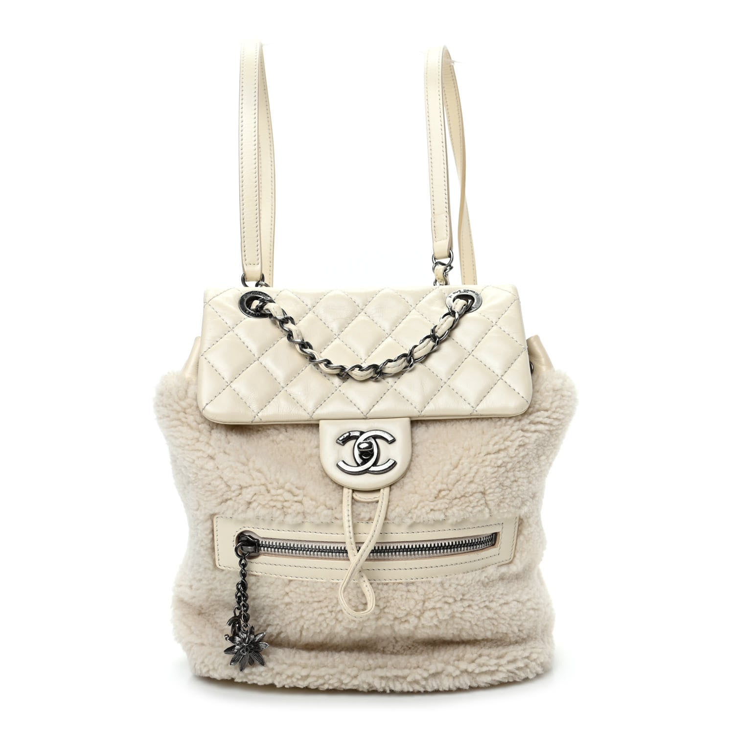 Chanel Glazed Calfskin Shearling Quilted Small Mountain Backpack Ivory 1 of 9