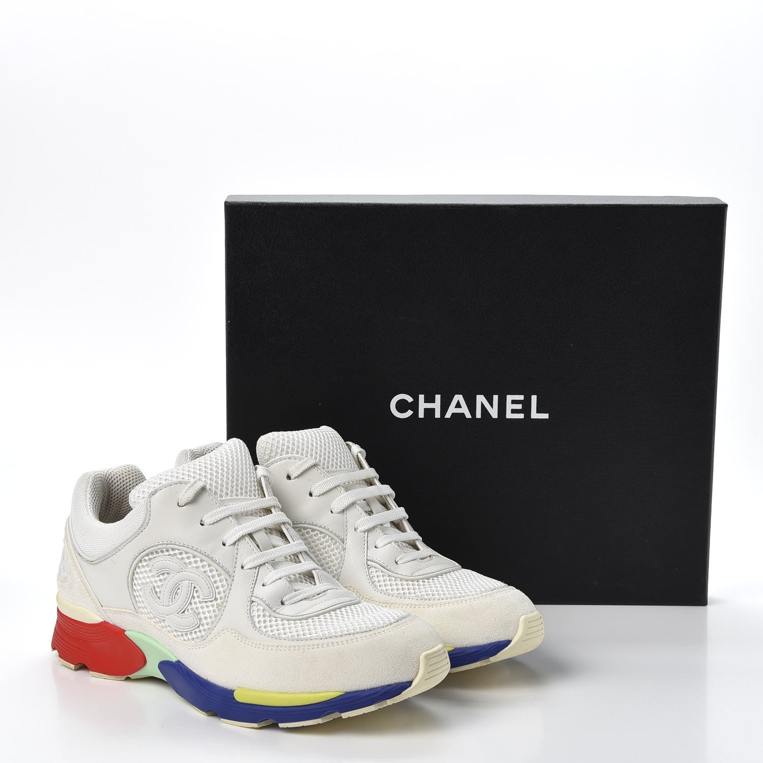 Chanel Calfskin Suede Fabric Womens CC Sneakers 38.5 White Blue Red 12 of 12