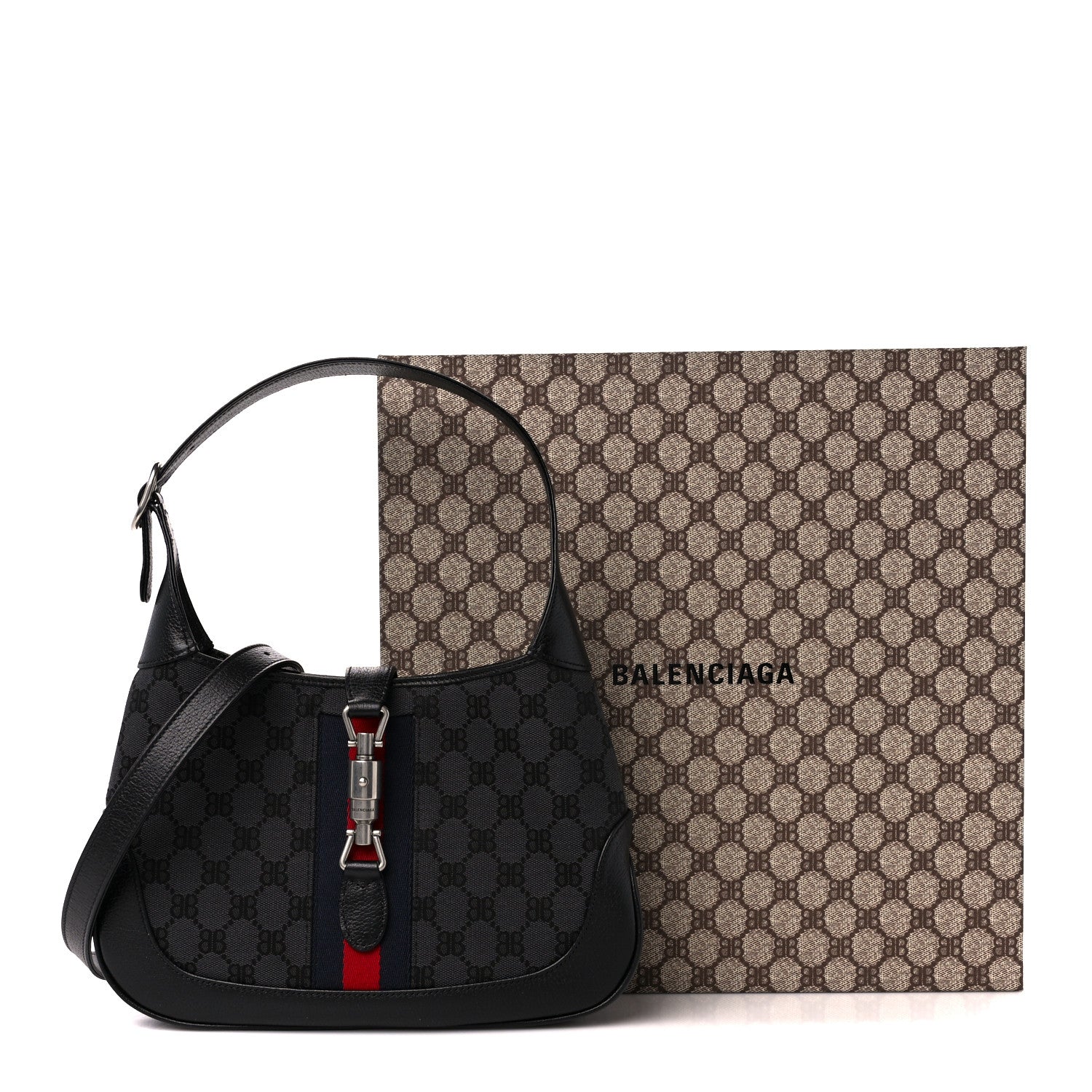 Gucci X BALENCIAGA BB Monogram Calfskin Web Small Jackie 1961 Hobo Black 3 of 11