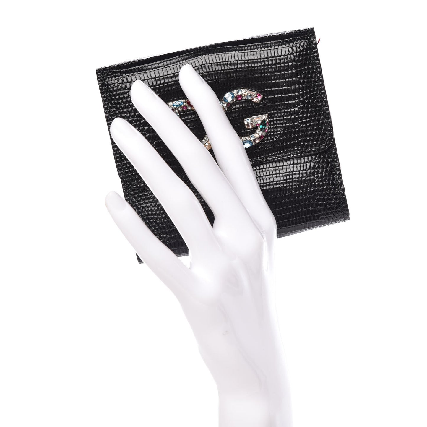 Iguana Calfskin Embossed Embellished Logo French Flap Wallet Black