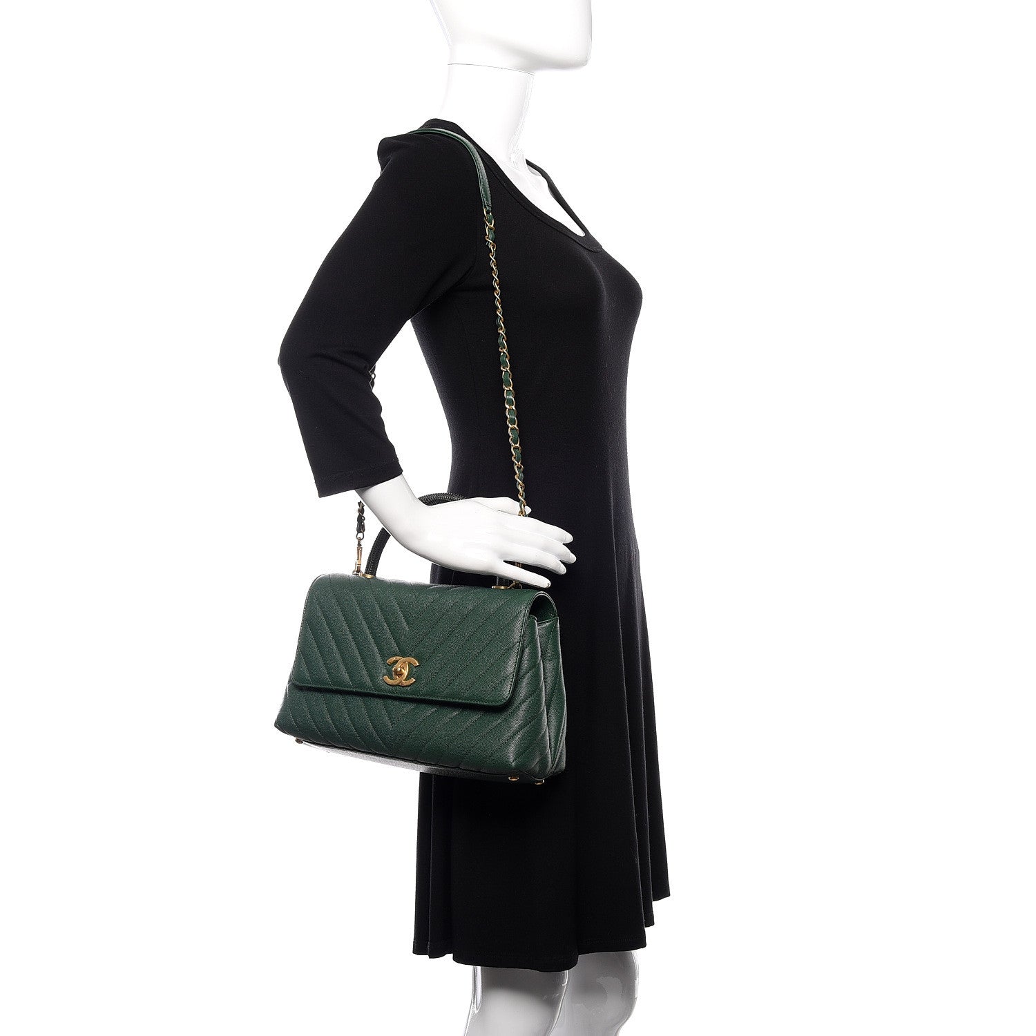 Chanel Caviar Lizard Chevron Quilted Small Coco Handle Flap Green 2 of 12