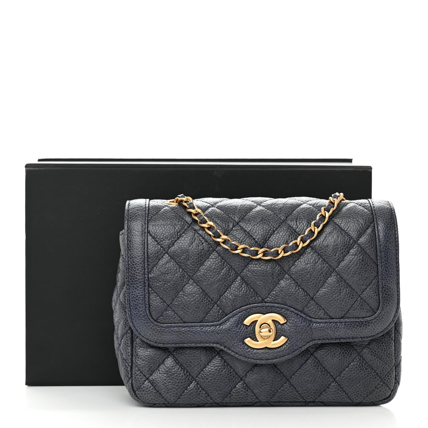 Crumpled Grained Calfskin Quilted Mini Two Tone Flap Blue