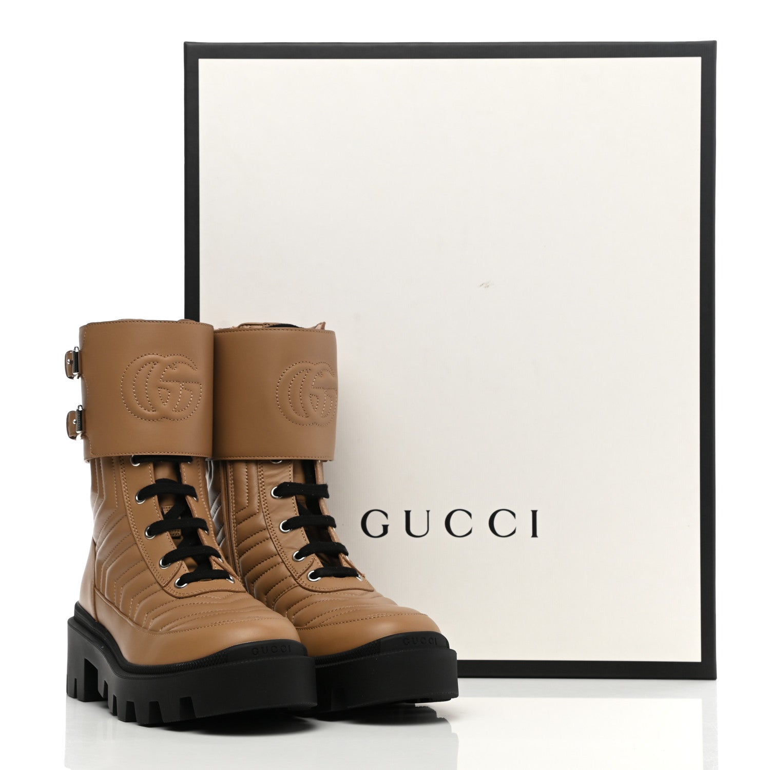 Gucci Nappa Frances GG Matelasse Platform Combat Boots 36 Natural Tan 10 of 10