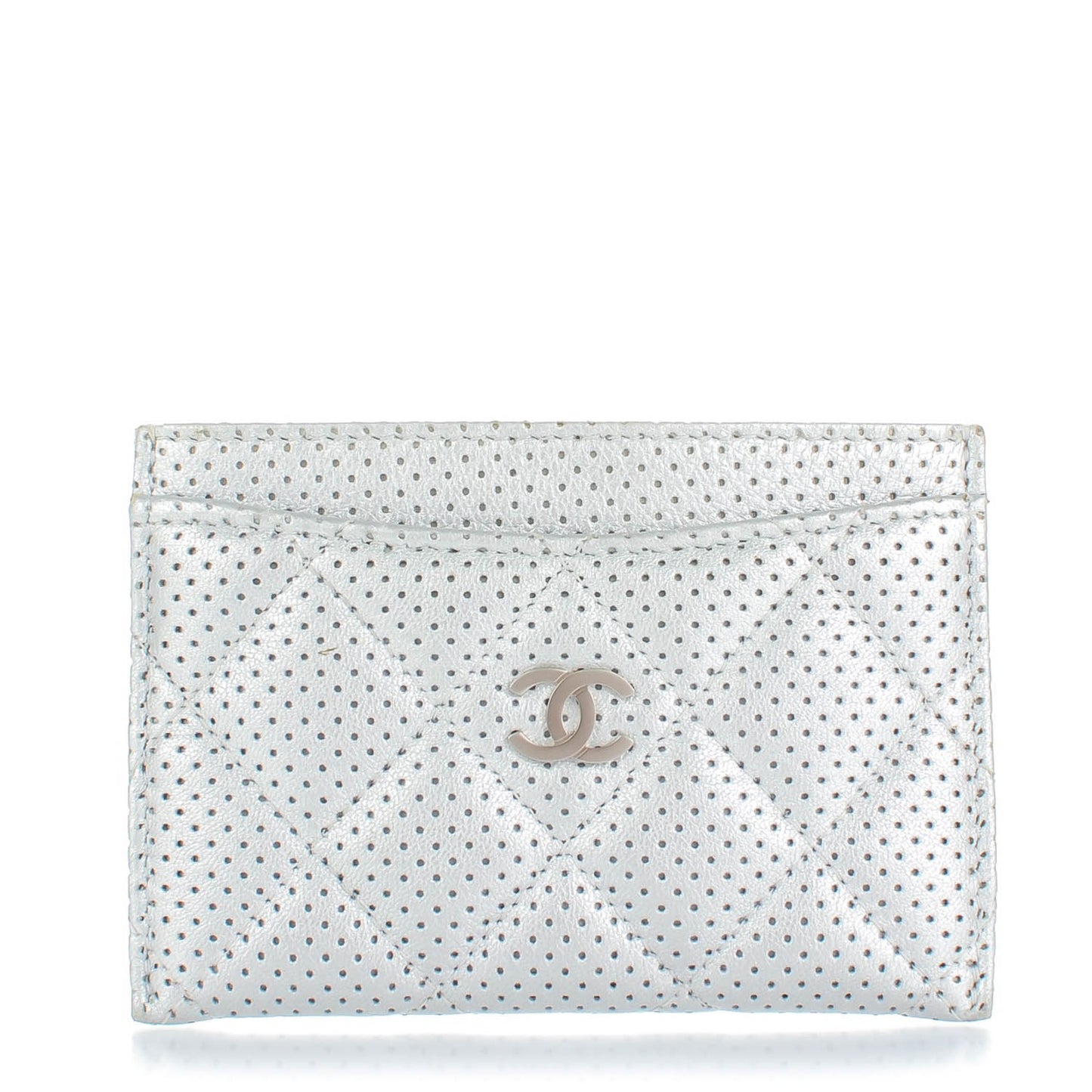 Perforated Lambskin Quilted Card Holder Light Silver