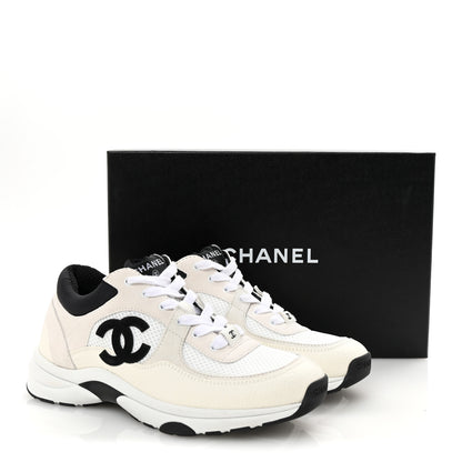 Chanel Mesh Suede Calfskin Grained Calfskin Womens CC Sneakers 38.5 White Black 10 of 10
