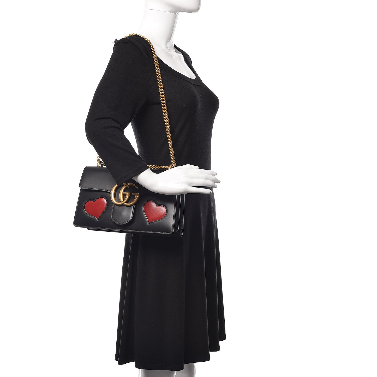Knight Calfskin Malaga Kid Heart Medium GG Marmont Chain Handle Bag Black Hibiscus Red Multicolor