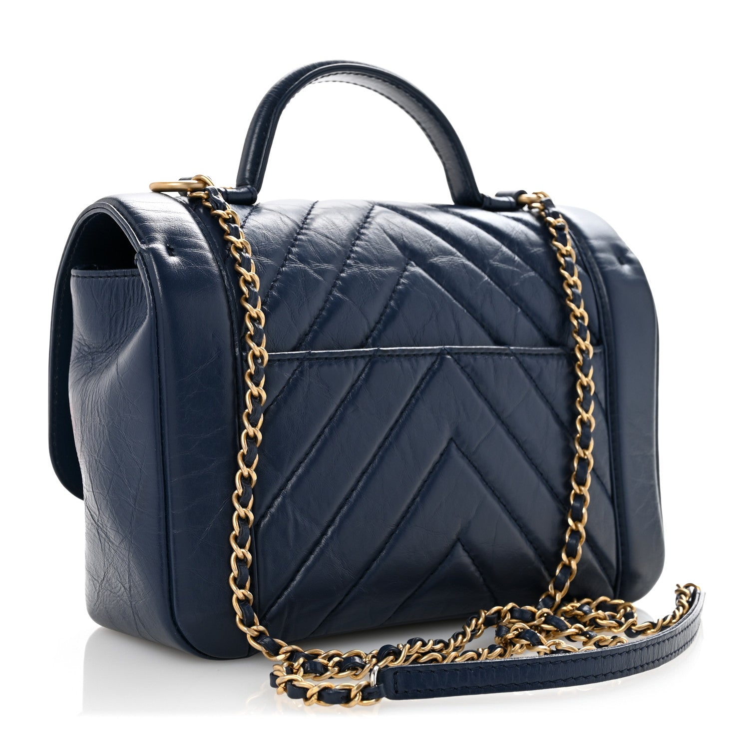 Chanel Calfskin Chevron Quilted Top Handle Flap Navy 3 of 13