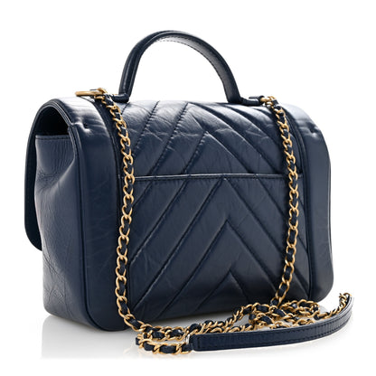 Chanel Calfskin Chevron Quilted Top Handle Flap Navy 3 of 13