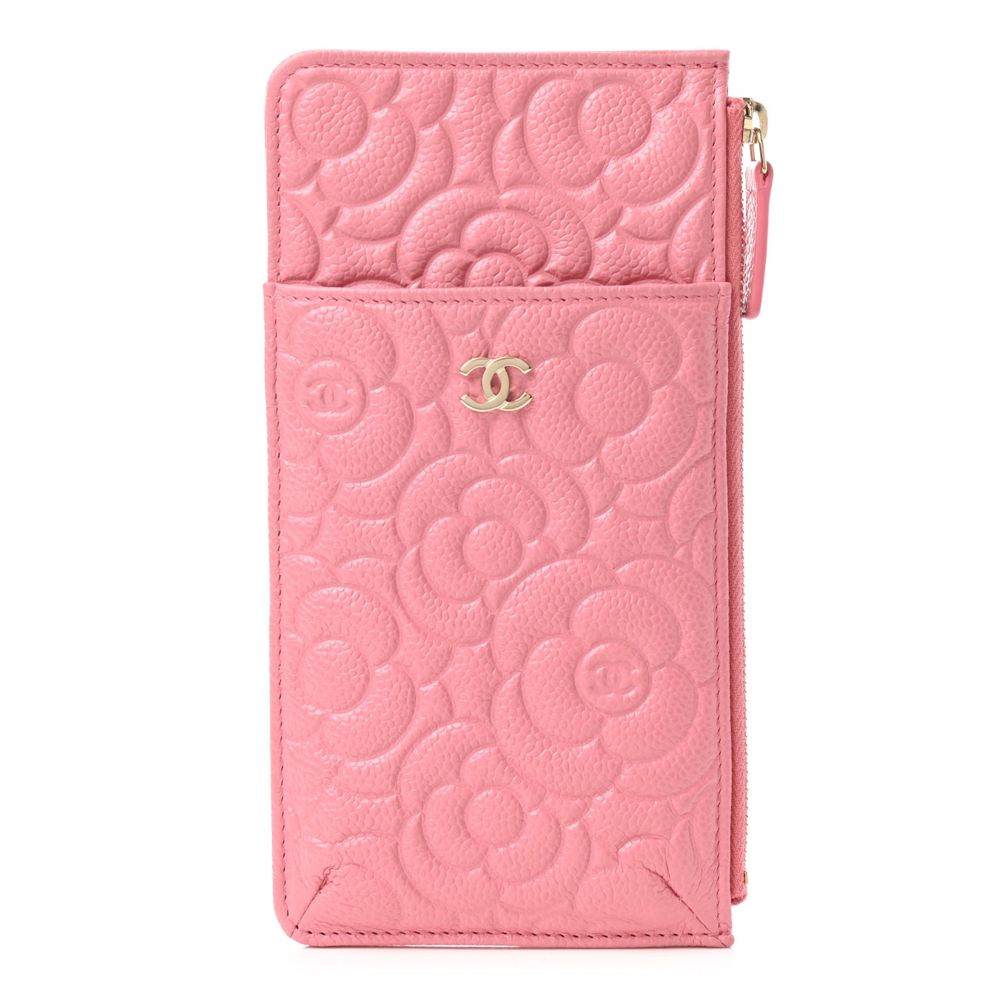 Caviar Camellia Embossed Classic Flat Wallet Pouch Pink