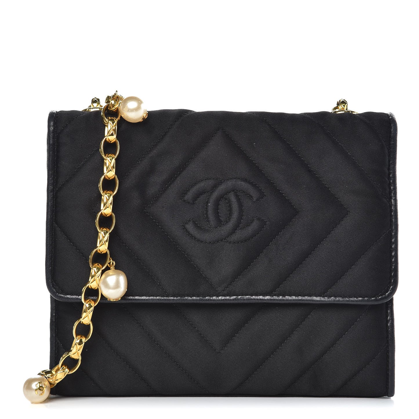 Satin Chevron Quilted Pearl Mini Square Flap Black