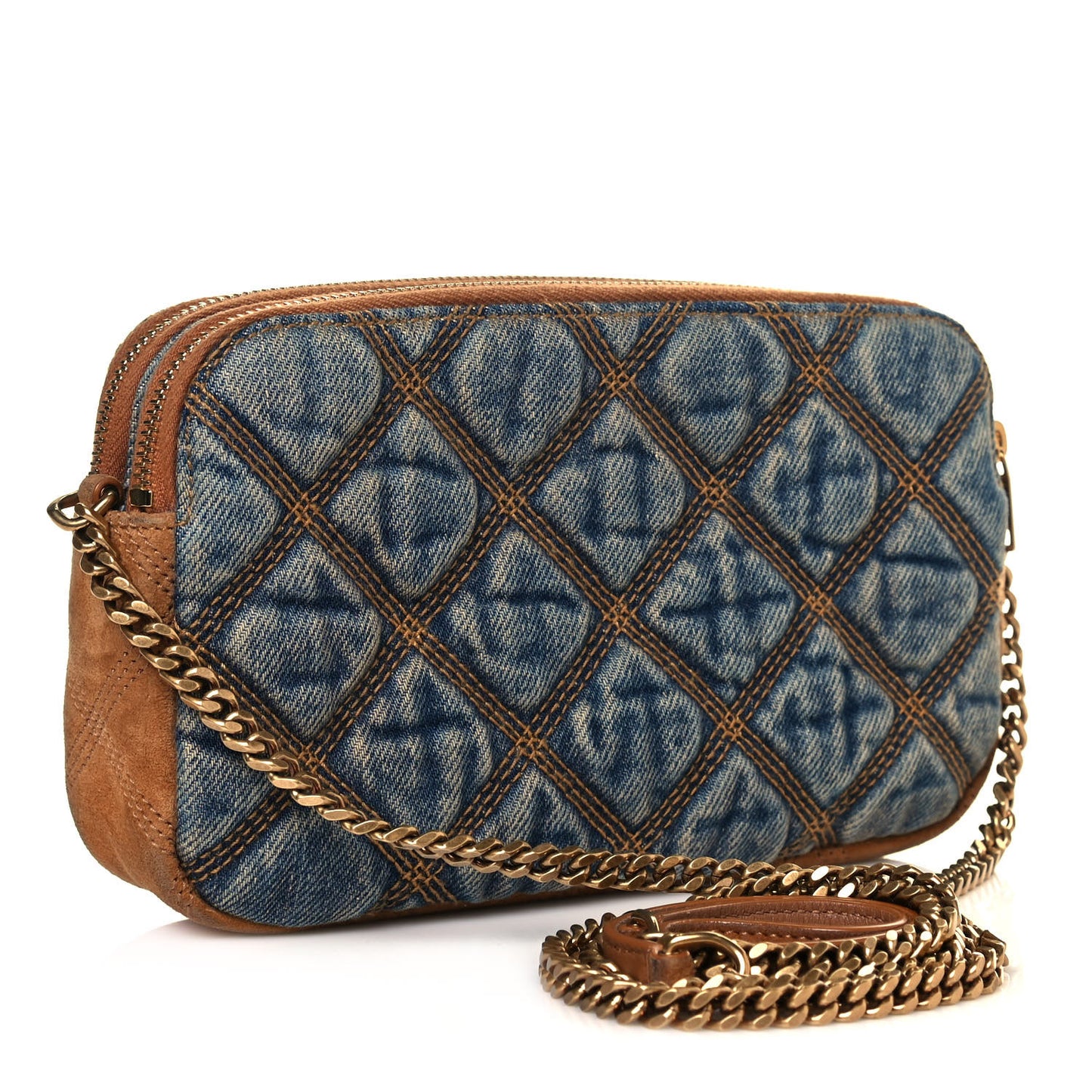 Suede Denim Quilted Mini Becky Double Zip Bag Blue Cinnamon