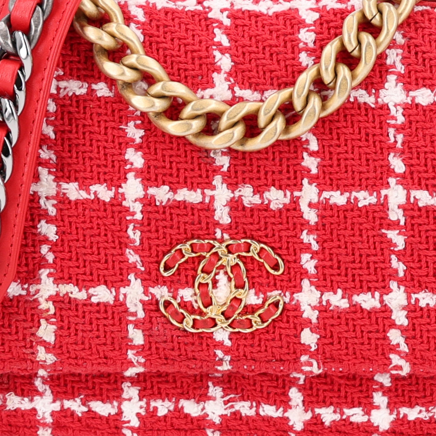 Chanel Tweed Quilted Chanel 19 Wallet On Chain WOC Red White 9 of 11