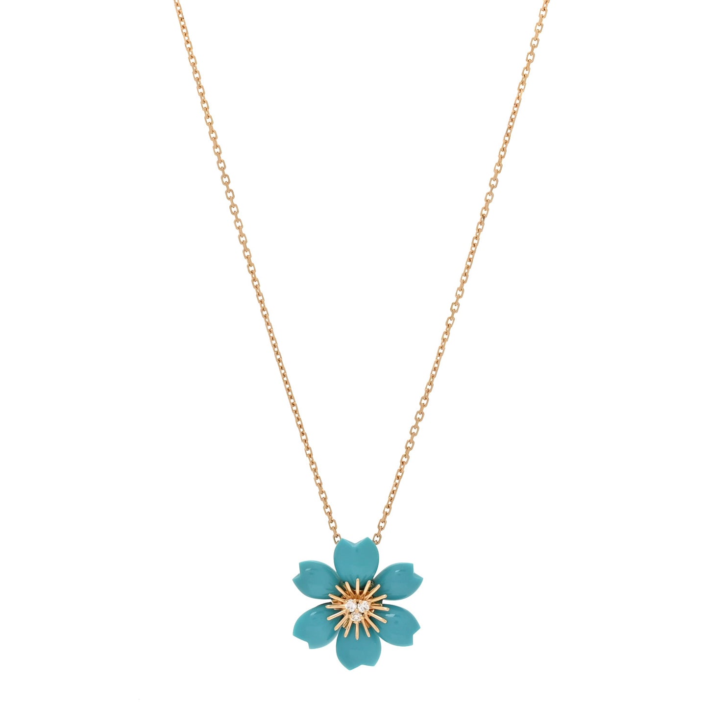18K Yellow Gold Diamond Turquoise Mini Rose De Noel Pendant Necklace