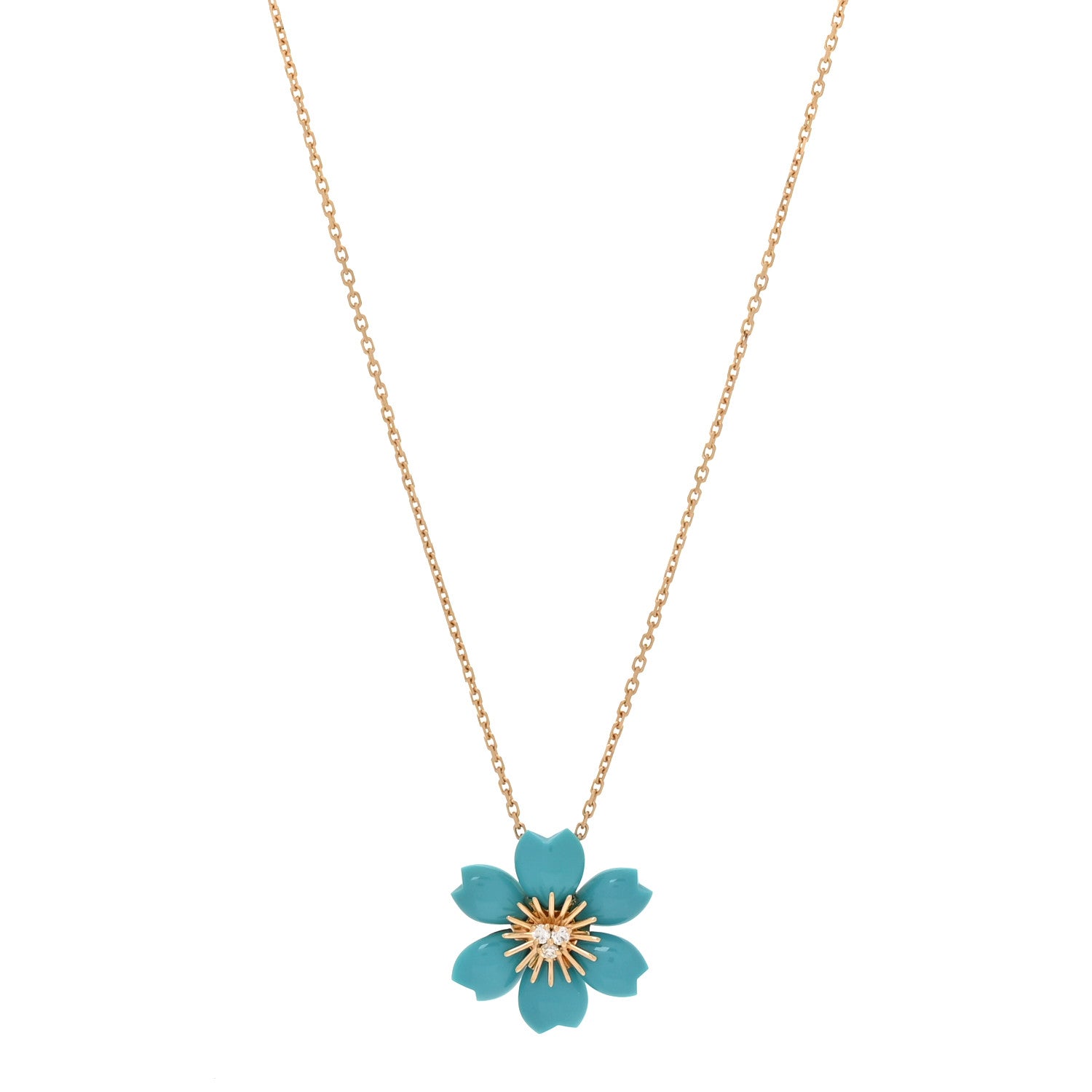 Van Cleef & Arpels 18K Yellow Gold Diamond Turquoise Mini Rose De Noel Pendant Necklace 1 of 7