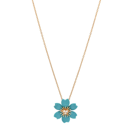 Van Cleef & Arpels 18K Yellow Gold Diamond Turquoise Mini Rose De Noel Pendant Necklace 1 of 7