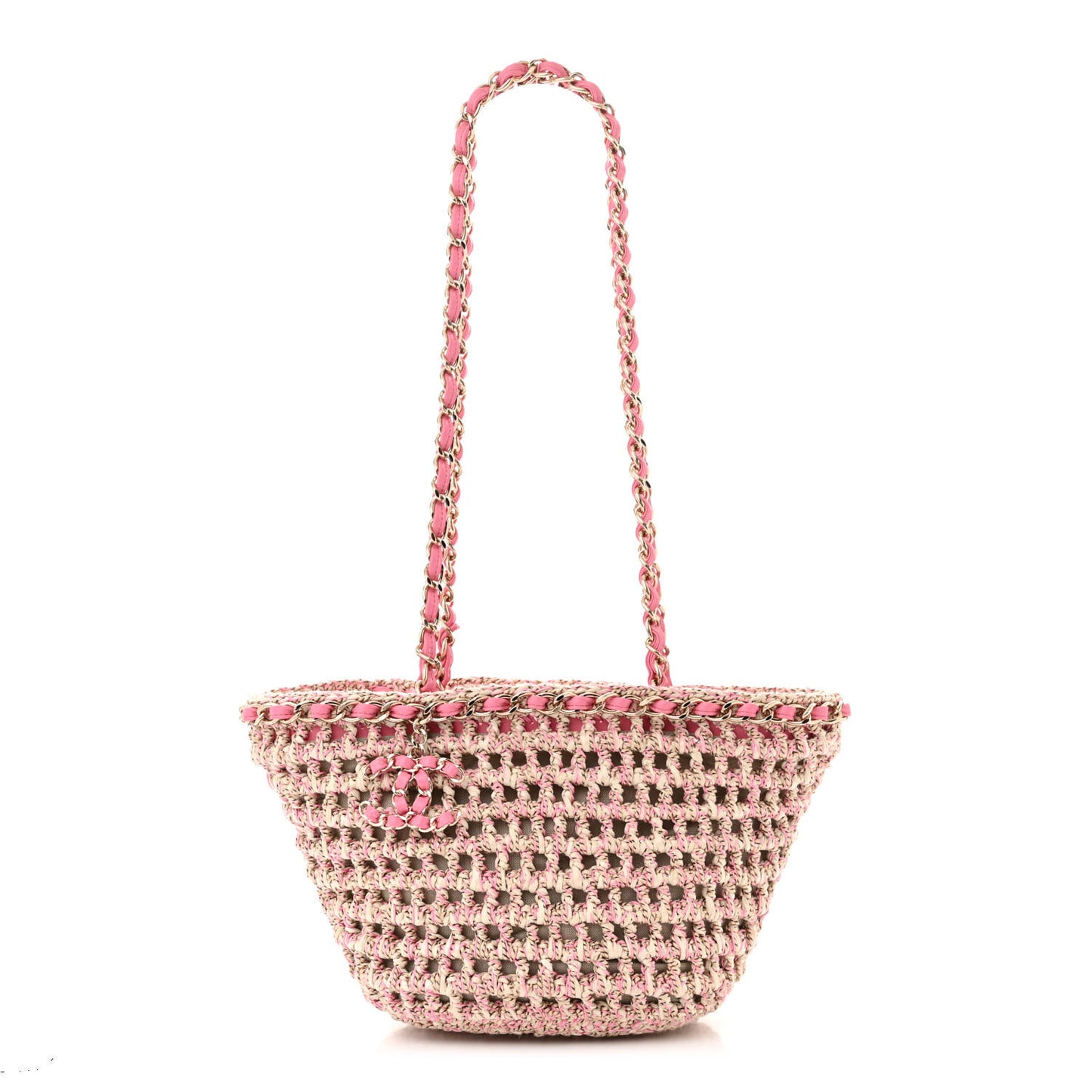Mixed Fibers Calfskin Crochet Small Shopping Bag Beige Pink