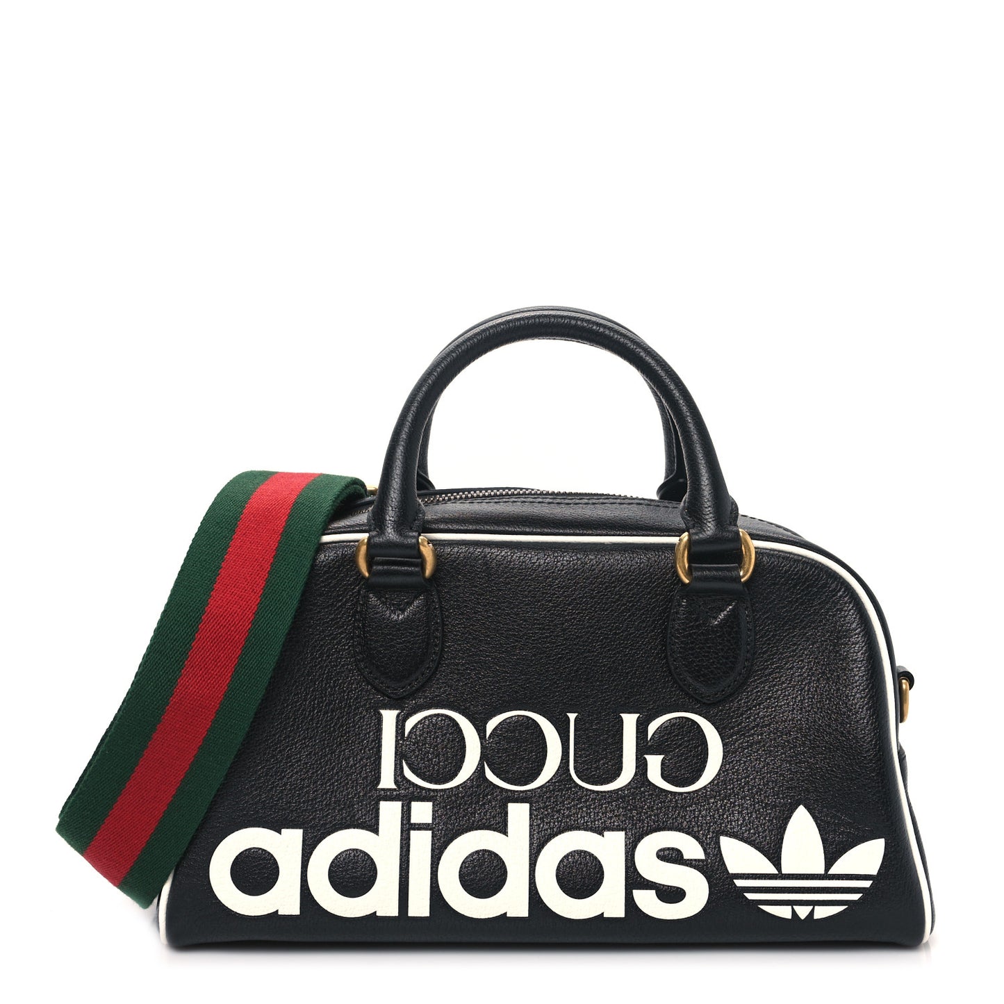 X ADIDAS Textured Dollar Calfskin Web Trefoil Logo Embossed Mini Bowling Bag Black Off White