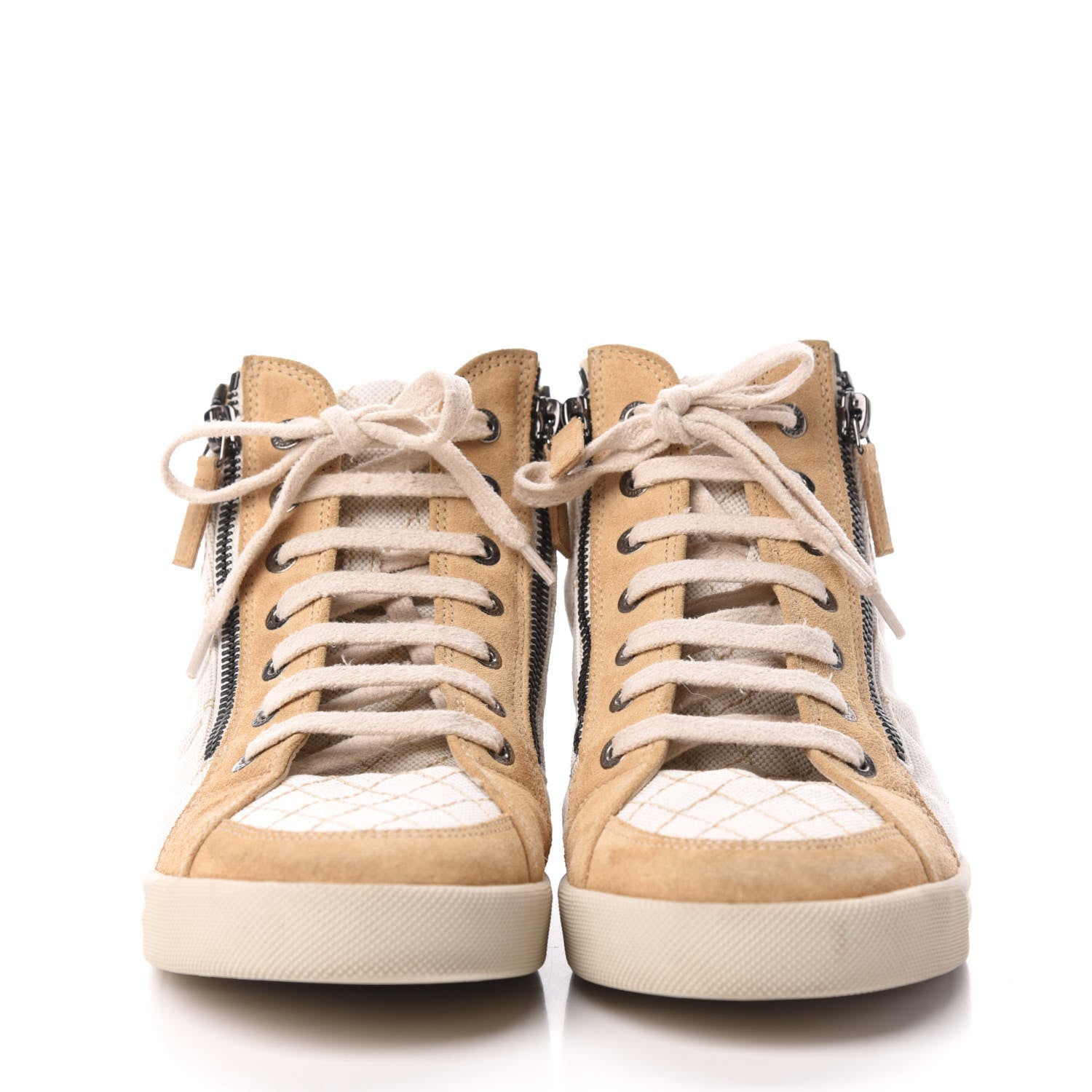 Chanel Toile Suede CC High Top Sneakers 38.5 Beige White 2 of 6