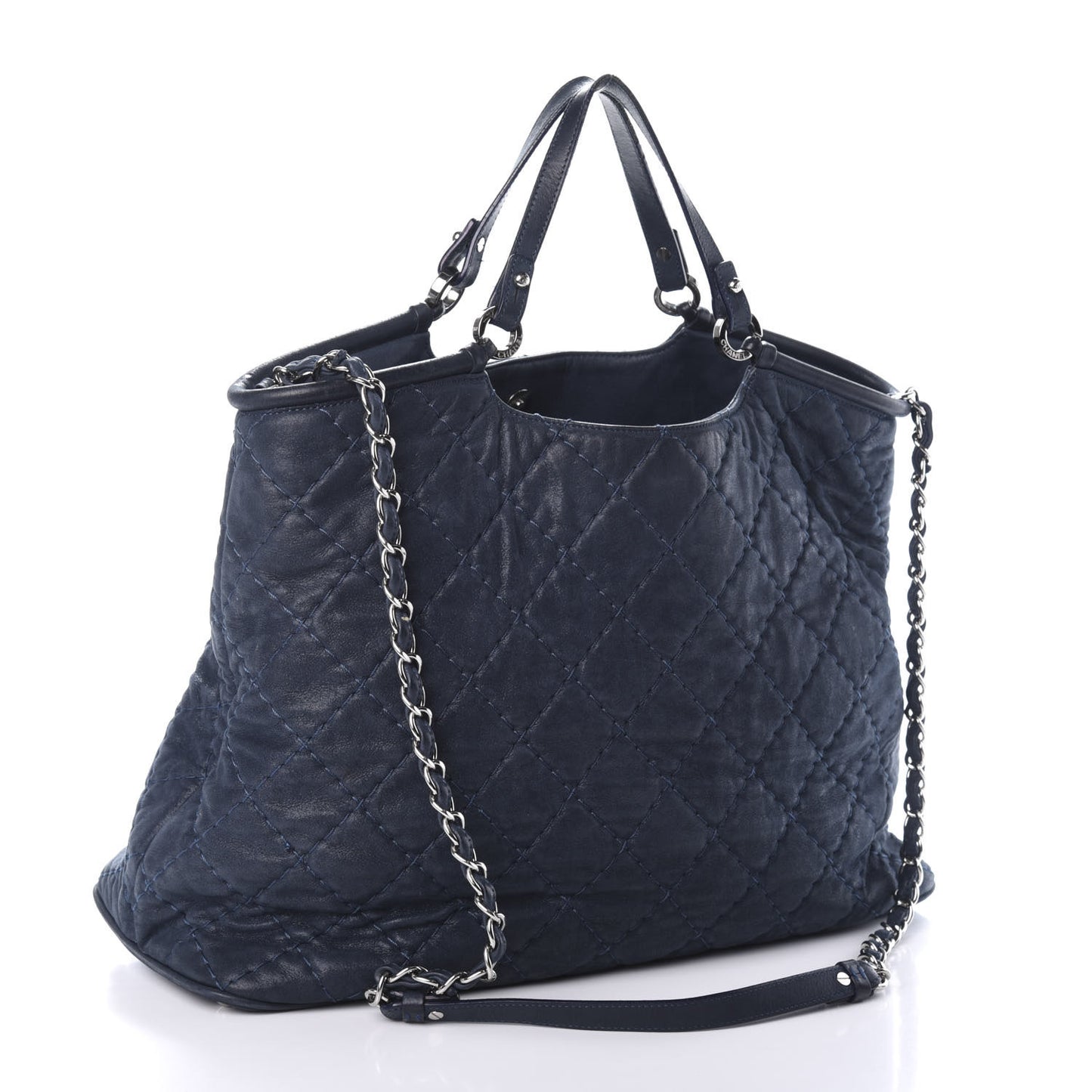 Iridescent Calfskin Quilted Large Sea Hit Tote Navy