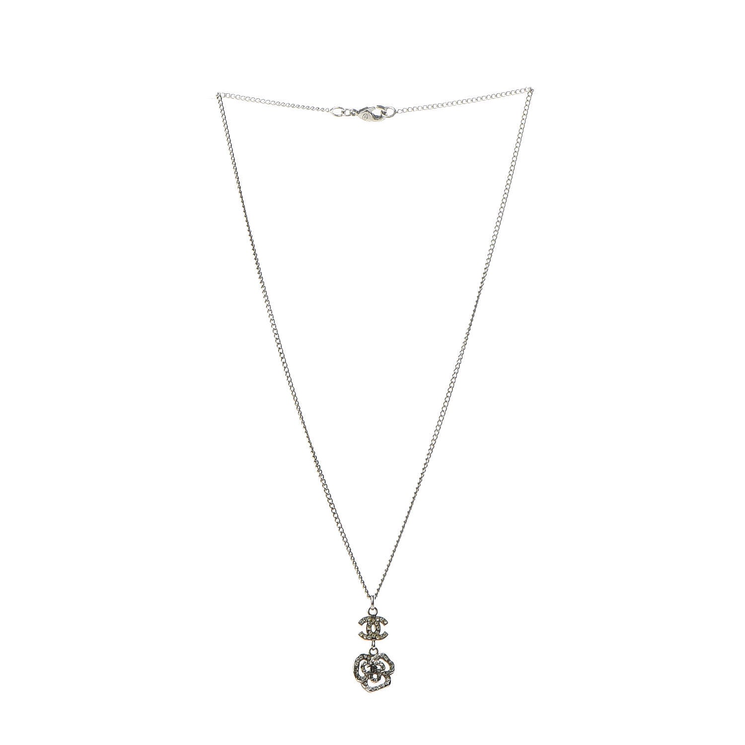 Chanel Crystal CC Camellia Necklace Silver 3 of 8