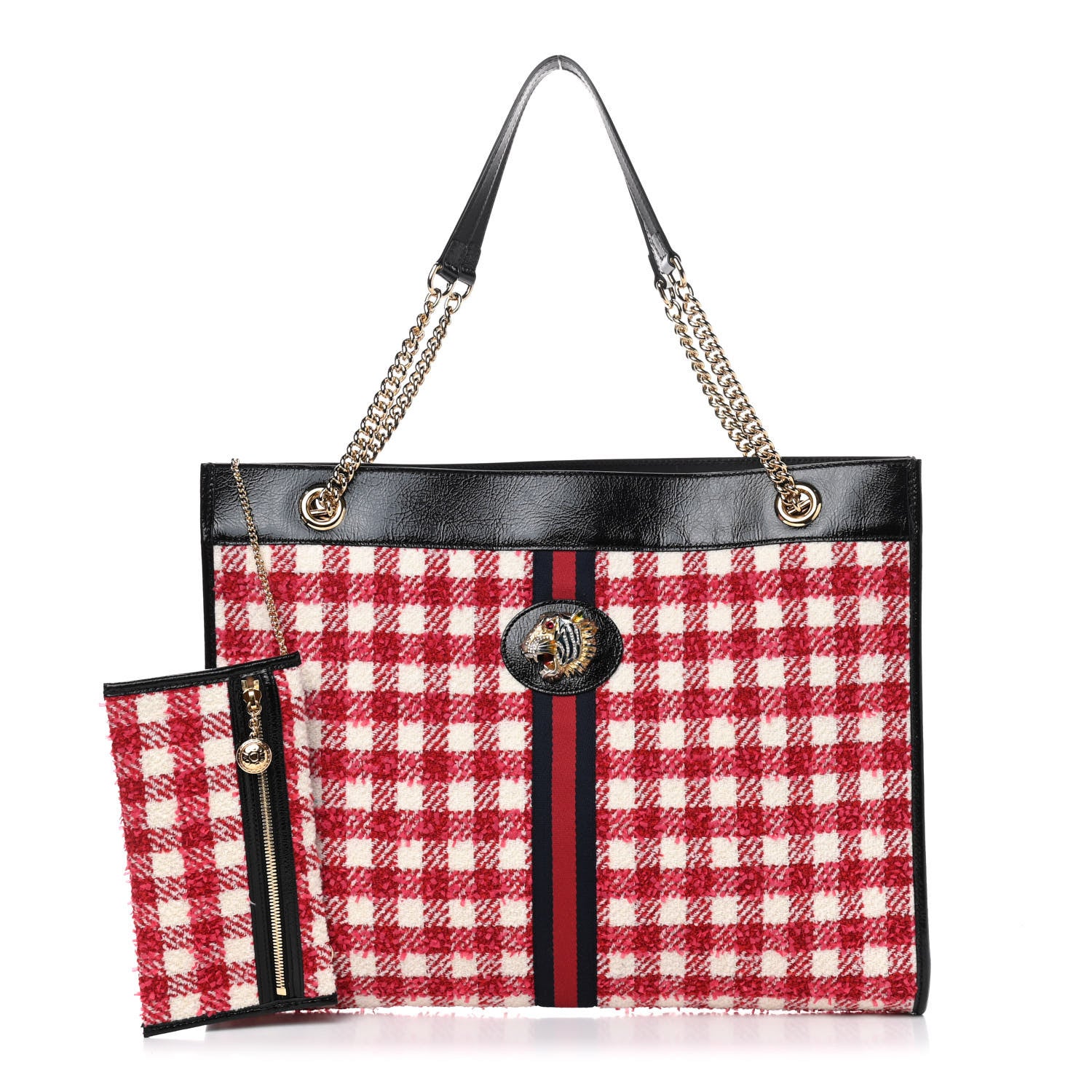 Gucci Tweed Check Large Rajah Chain Tote Black Red 1 of 10