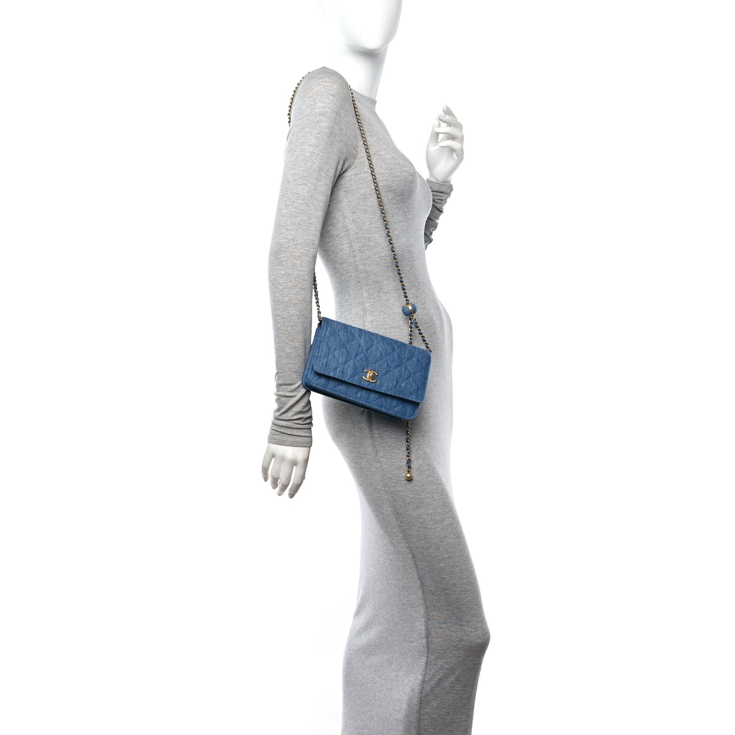 Denim Quilted CC Pearl Crush Wallet on Chain WOC Blue